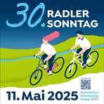 Plakat mit Werbung zum Radlersonntag mit zwei Radfahrern und Text 11. Mai und 30. Radlersonntag