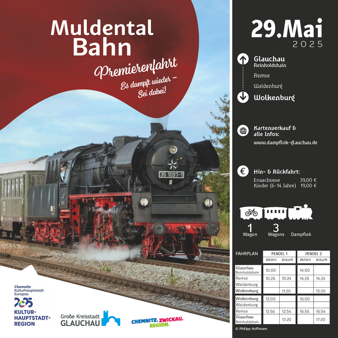 Plakat mit Hinweisen und Bild Muldentalbahn Premierenfahrt