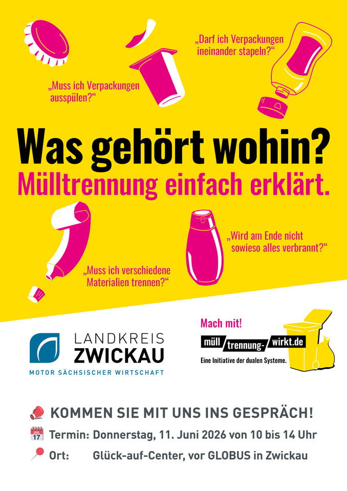 Plakat mit Aufschrift "Was geh&ouml;rt wohin? M&uuml;lltrennung einfach erkl&auml;rt" und den Daten f&uuml;r die Aktion im Landkreis Zwickau