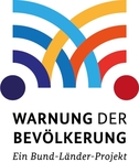 Logo Warnung der Bevölkerung ein Bund-Länder-Projekt mit einer Grafik bunter ineinander verschränkter Viertelkreislinien Wellen darstellend