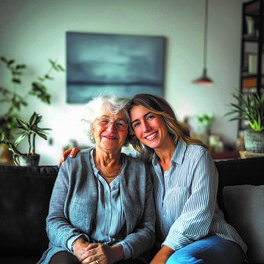 Auf dem Bild ein Frau, die ihre Mutter umarmt